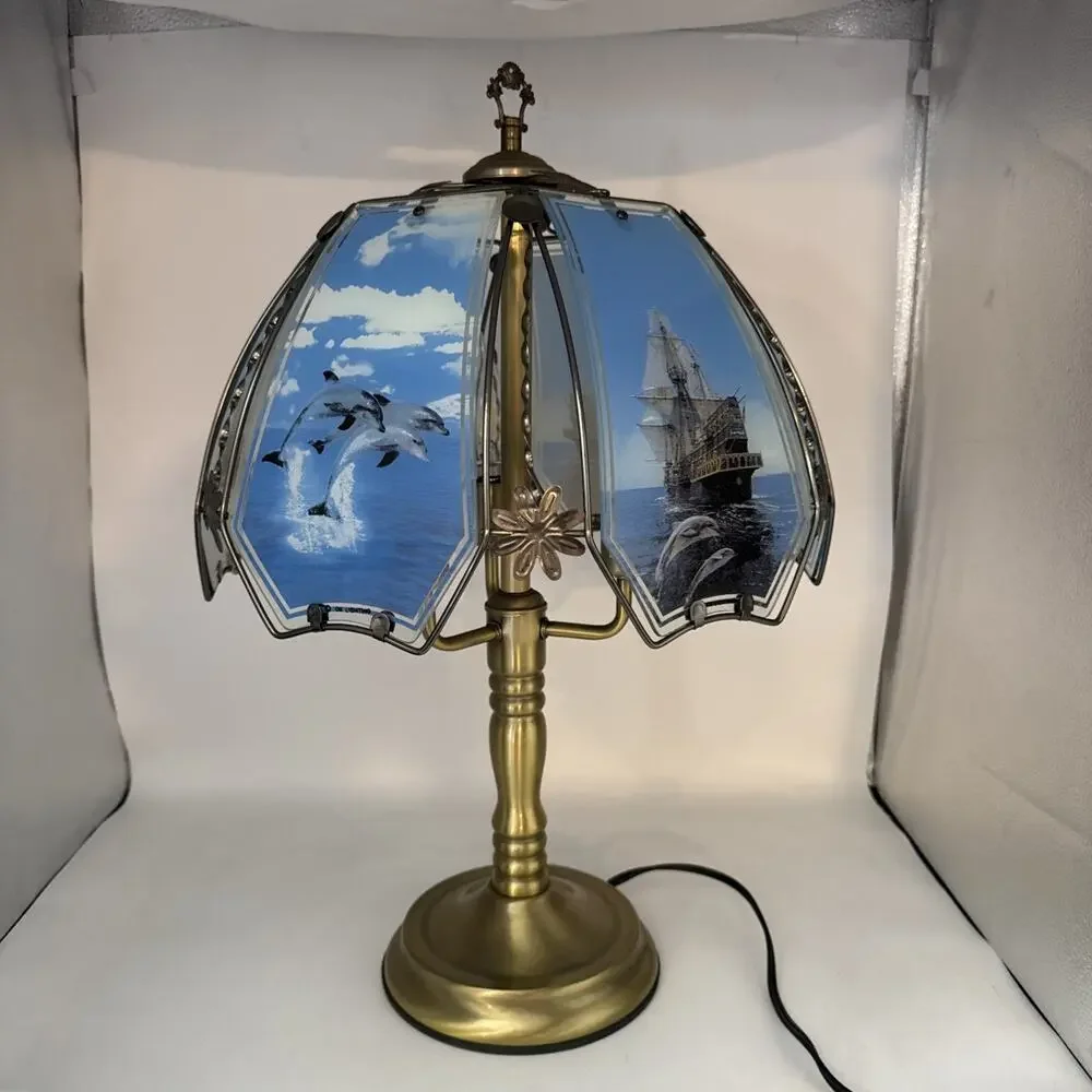 Vintage Y2K OK Lighting Touch Lamp, Marine Dolphins Shade, Gold Metal base